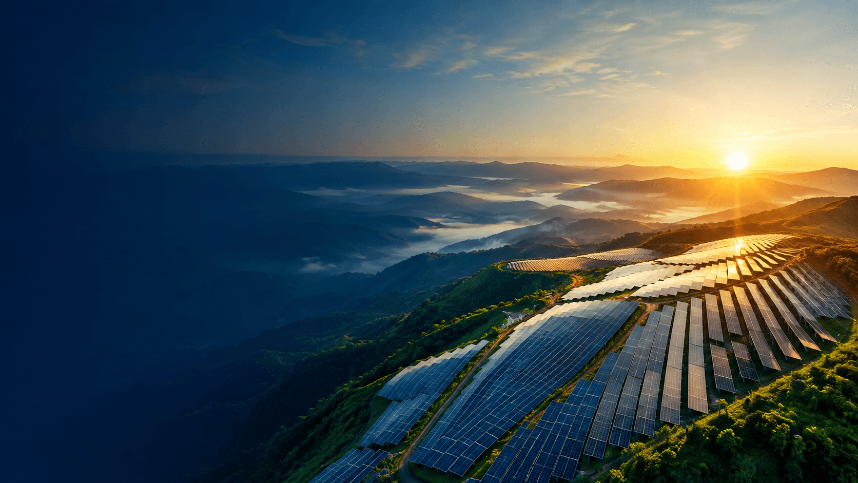 朝日に照らされた山間の太陽光発電所